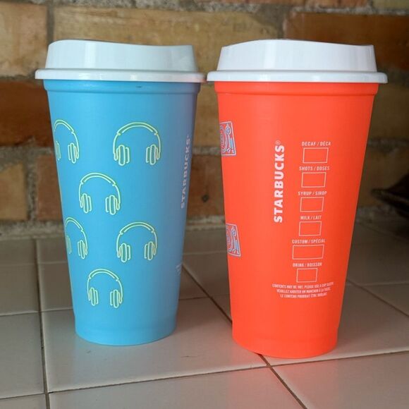 2 - Starbucks Reusable Grande 16 oz Hot Cold Cup Cups Bright Orange Baby Blue - Picture 9 of 13
